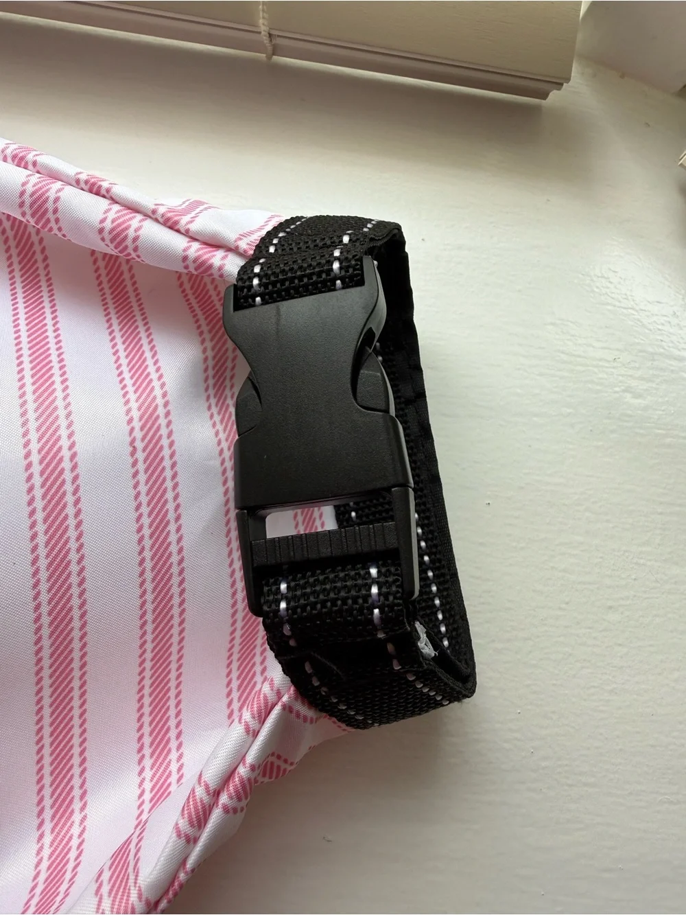 Scout Pink and White Striped Roll-Top Lunch Pouch with Black Strap